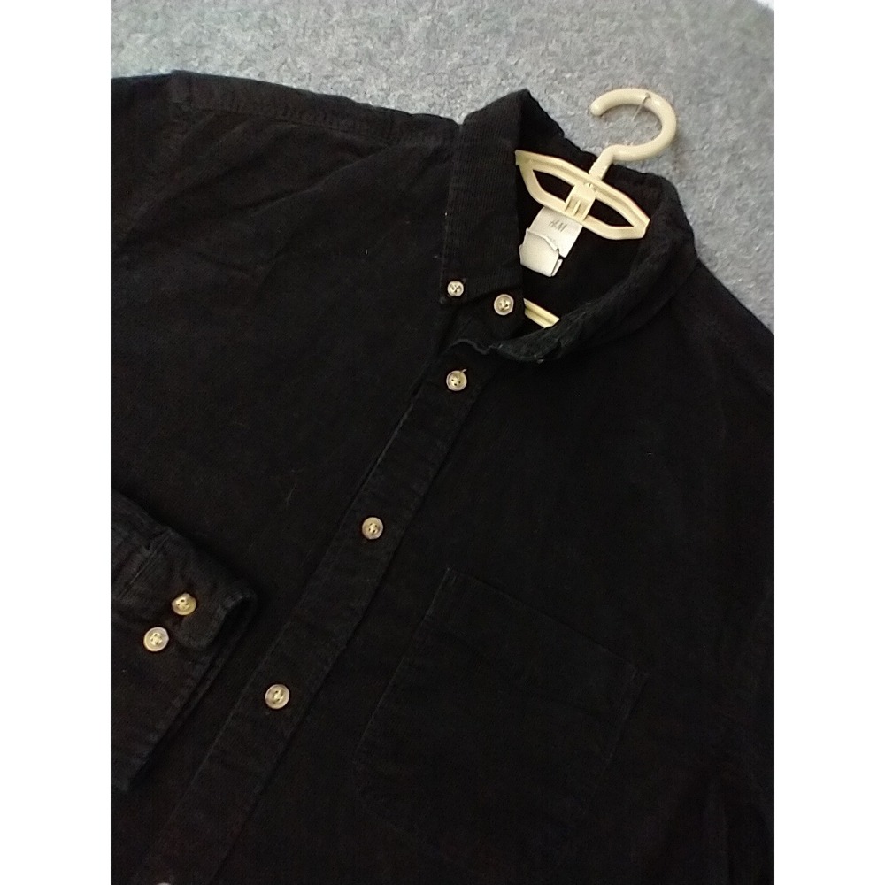 H&M L.O.G.G. Corduroy Button Down Shirt Mens Large Black Regular Fit Cotton